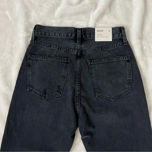 AGOLDE Black Jeans Lana Mid Rise Vintage Straight Jeans Gray 24 Distressed Rips - Picture 9 of 9